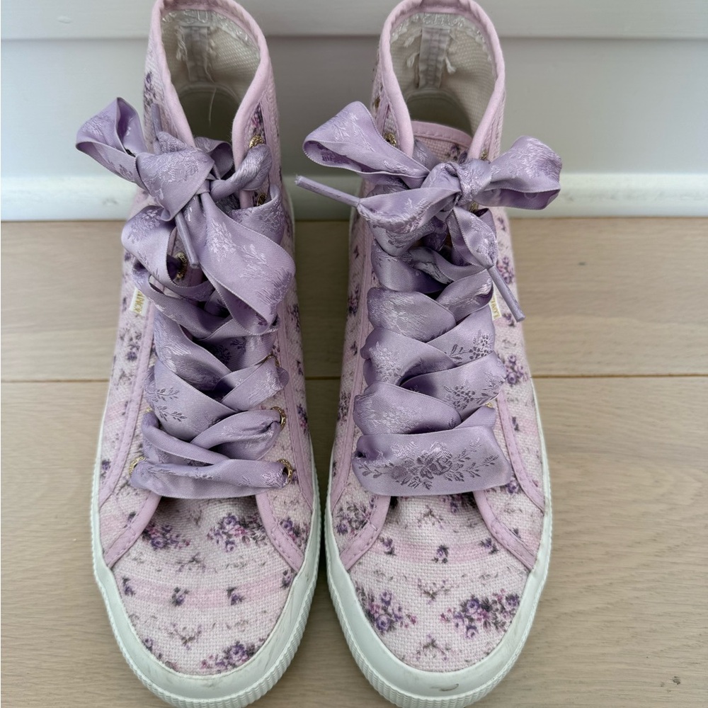Superga LoveShackFancy Purple High-Top Sneakers with Ribbon Laces with box